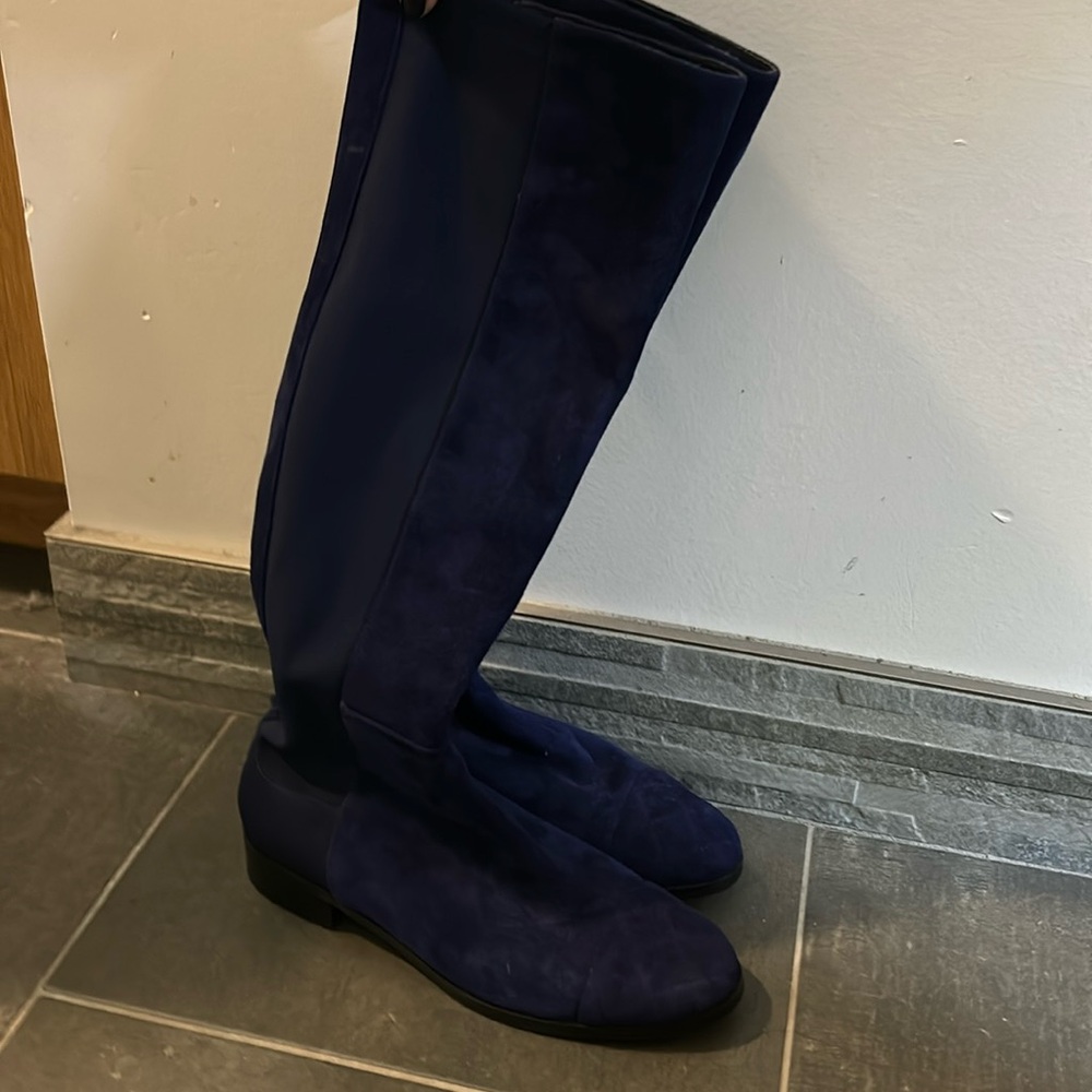 L.K Bennett half and half stretch knee boots in navy blue suede size 37
